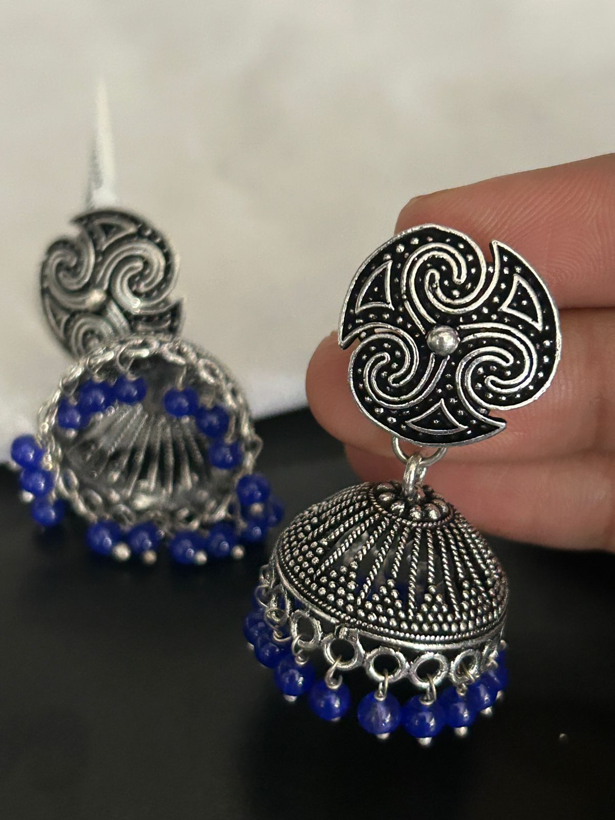 Oxidized Silver Dome Jhumka Earrings with Blue Beads